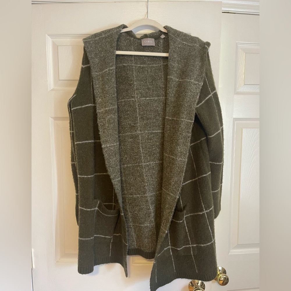 Cyrus Green and White Plaid Hooded Sweater Size L